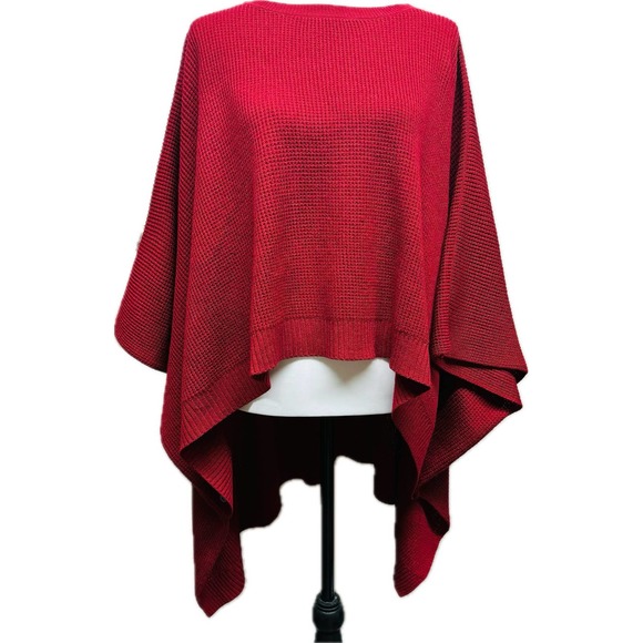 V. Fraas Poncho, Women's One Size, Asymmetric Hi-Lo Hem, Waffle Knit, Red - Picture 1 of 8